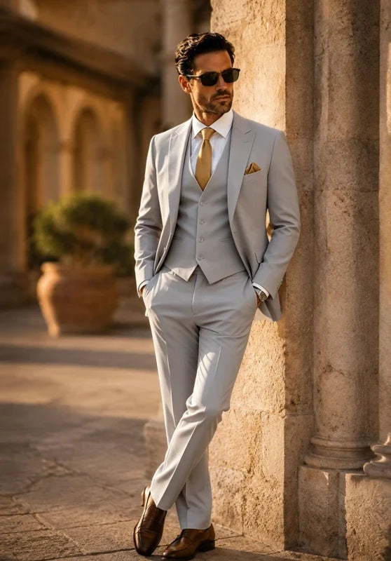 Costume Trois Pièces Homme Coupe Slim avec Col Notch et Gilet Col V