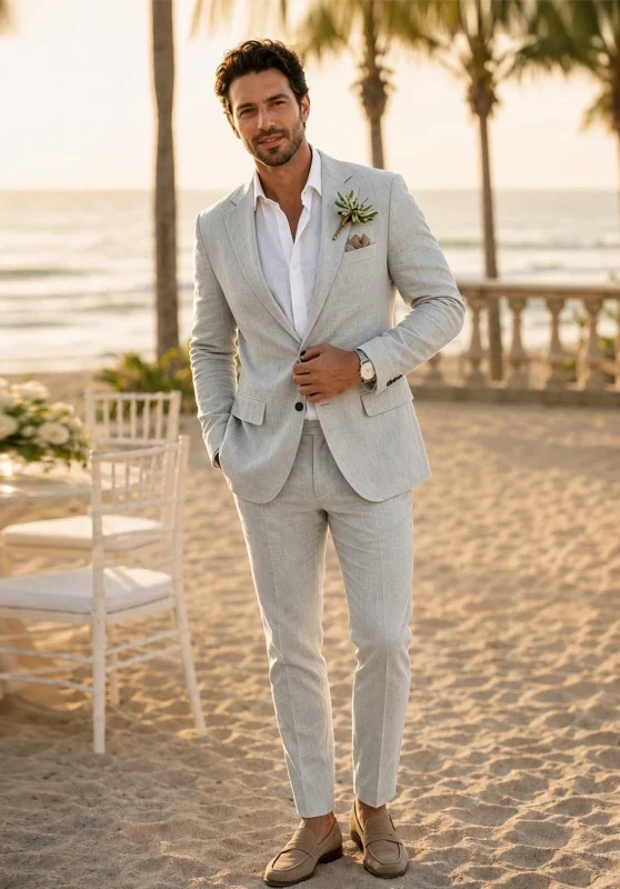 Traje de dos piezas para hombre de corte slim en lino, con solapas de muesca y bolsillos con solapa