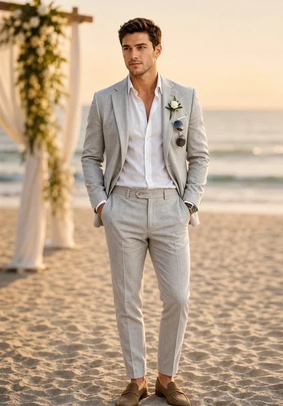 Schmal geschnittener Herrenanzug aus Leinen, zweiteilig, mit Ein-Knopf-Sakko und Pattentaschen