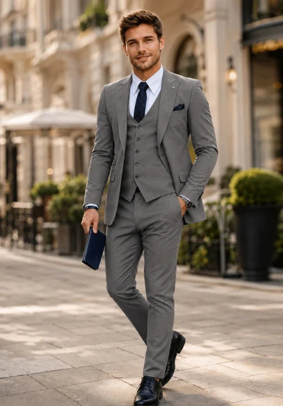 Costume Trois Pièces Homme Coupe Slim avec Col Notch et Gilet Quatre Boutons