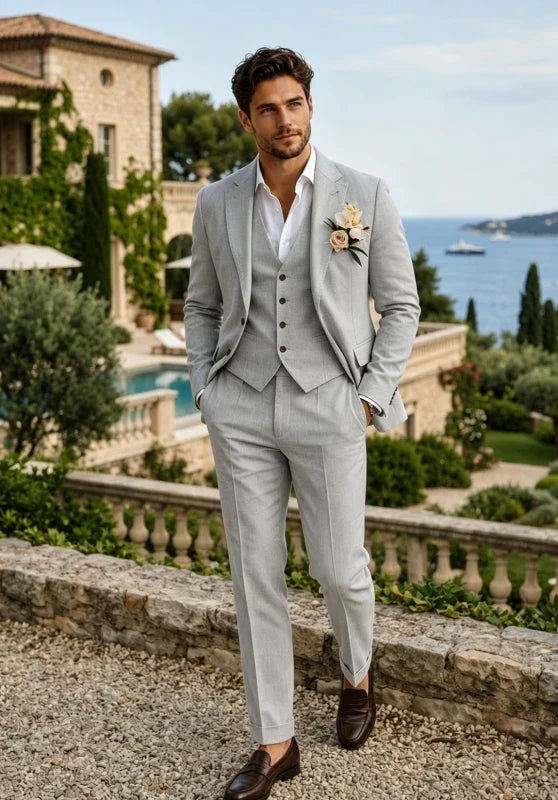 Costume Trois Pièces Homme en Lin avec Col Notch et Gilet Assorti