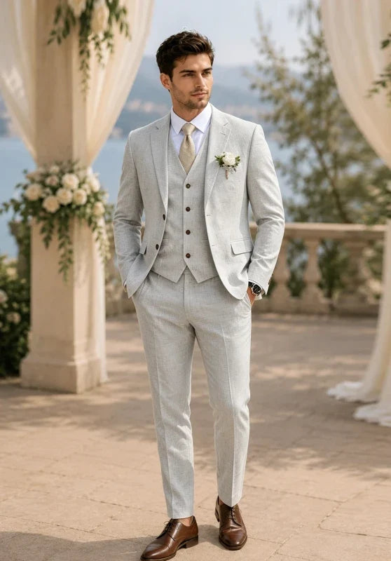 Costume Trois Pièces Homme Coupe Regular en Lin Respirant avec Col Notch et Gilet Cinq Boutons