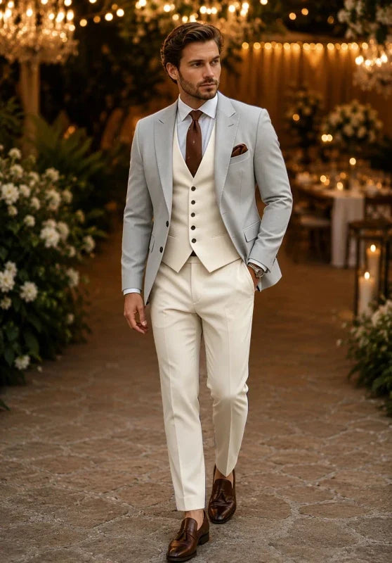 Costume Trois Pièces Homme Coupe Slim avec Col Châle et Gilet Boutonné