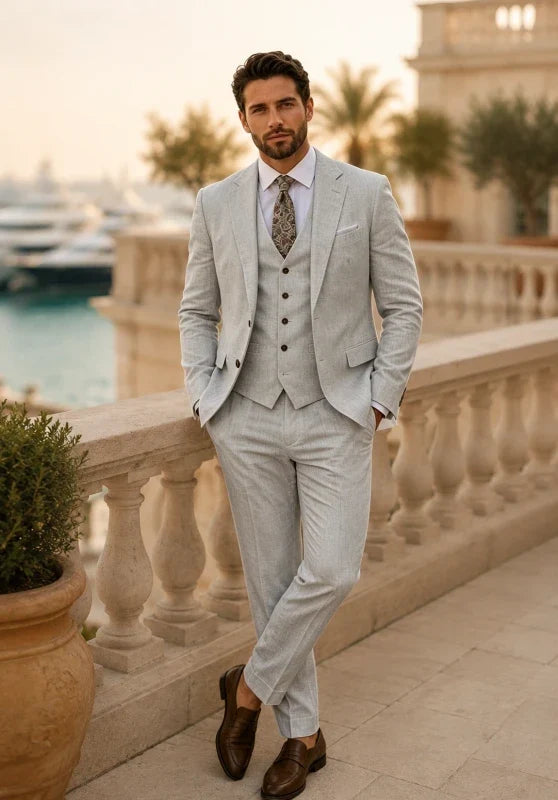 Costume Trois Pièces Homme Coupe Ajustée en Lin avec Col Notch et Veste à Fentes