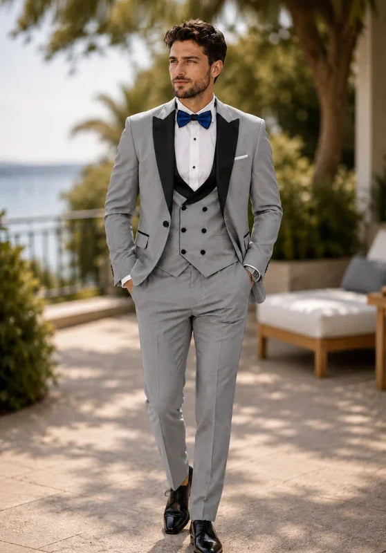 Costume Trois Pièces Homme Coupe Classique avec Col Contrastant et Gilet Croisé