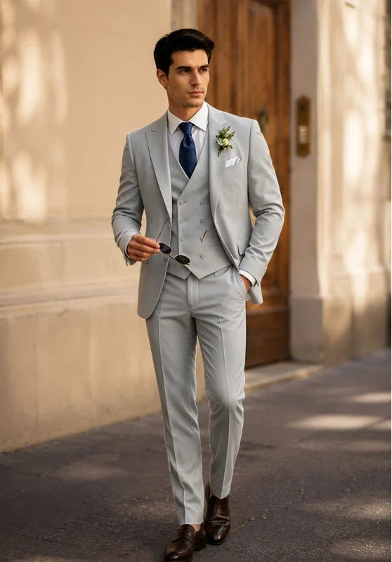 Costume Trois Pièces Homme Coupe Slim avec Gilet Croisé et Poches à Rabat