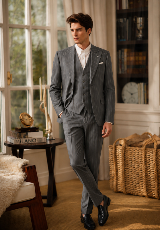 Costume Trois Pièces Homme Coupe Slim à Rayures avec Col Notch et Gilet Cinq Boutons