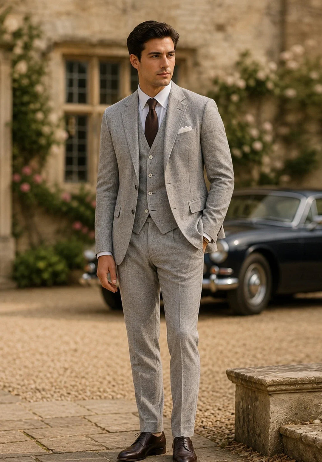 Costume Trois Pièces Homme Coupe Ajustée en Lin avec Col Notch et Gilet Cinq Boutons