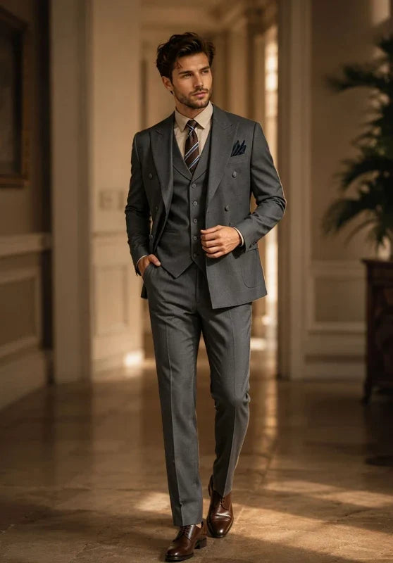 Costume Trois Pièces Homme Coupe Slim avec Veste Croisée et Col Peak