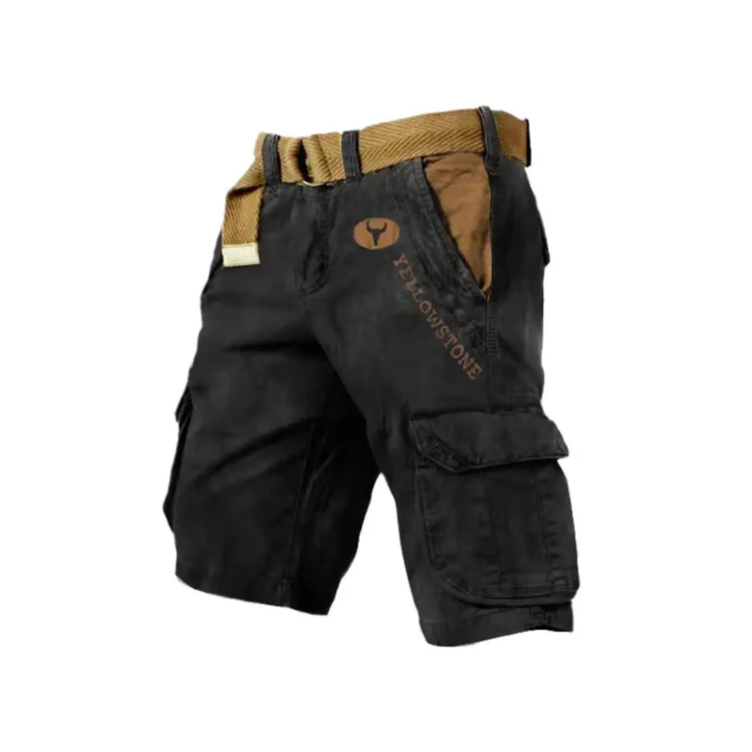 Short cargo noir avec des détails en beige, conçu pour allier confort et fonctionnalité. Parfait pour un look décontracté et pratique, avec plusieurs poches et une ceinture ajustable.