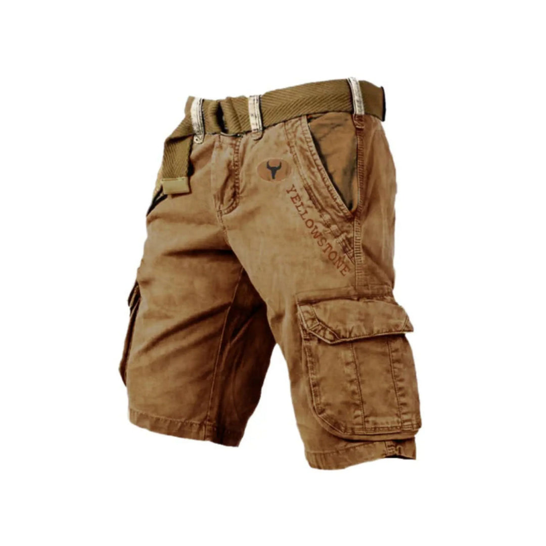 Short cargo beige avec poches latérales fonctionnelles et ceinture ajustable, parfait pour un look décontracté et pratique. Idéal pour les journées d'été ou les activités en plein air.