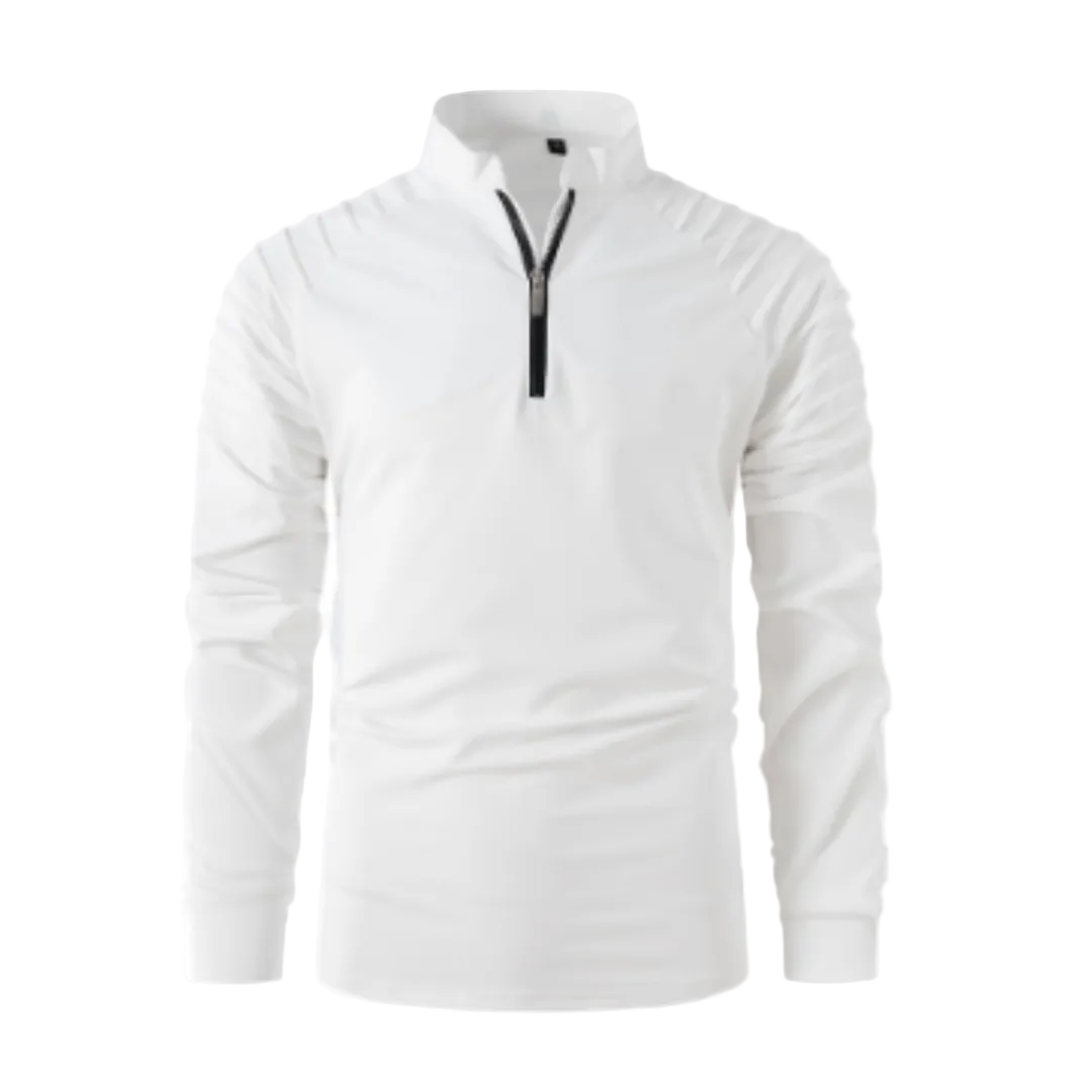 Polo blanc à manches longues pour homme, avec un col zippé et un design épuré. Ce modèle moderne et élégant offre un style sportif et confortable, idéal pour un look décontracté ou actif.