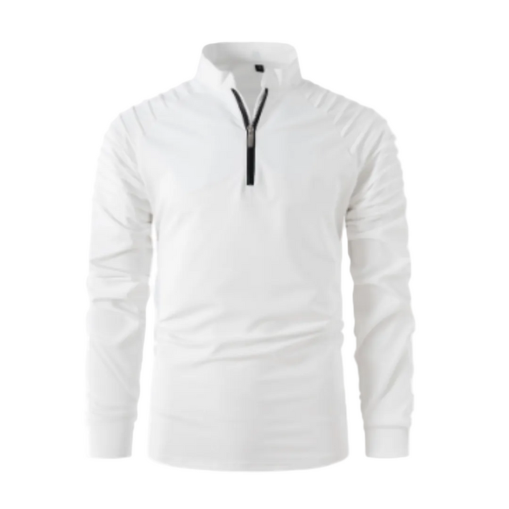 Polo blanc à manches longues pour homme, avec un col zippé et un design épuré. Ce modèle moderne et élégant offre un style sportif et confortable, idéal pour un look décontracté ou actif.
