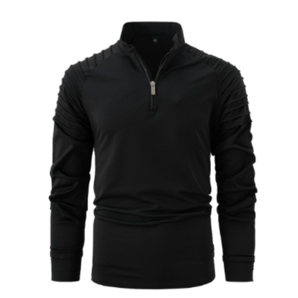 Polo noir à manches longues pour homme, avec un col zippé et des détails texturés sur les épaules pour un look dynamique. Ce modèle élégant et contemporain est parfait pour un style moderne et confortable.