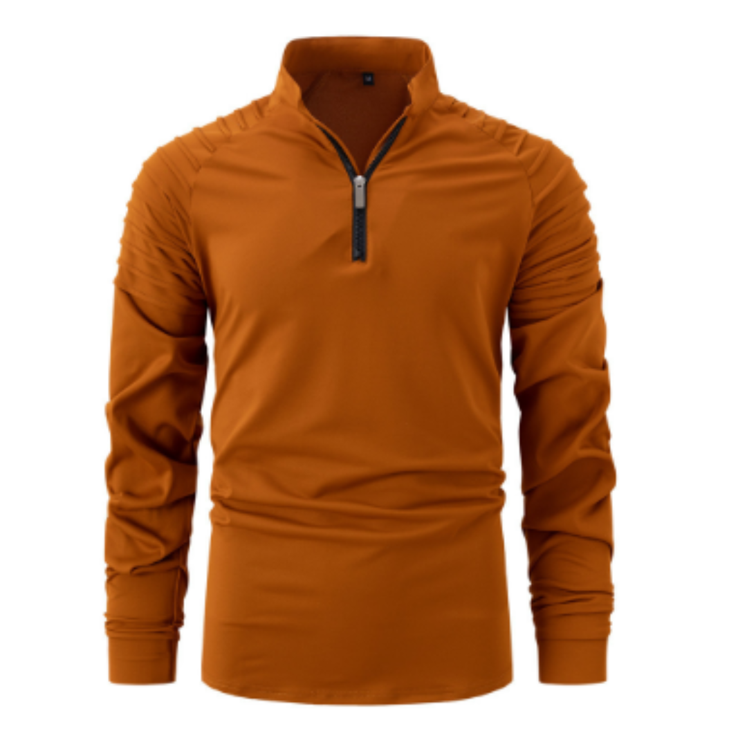 Polo à manches longues pour homme, de couleur orange avec un col zippé et des détails texturés sur les épaules. Ce modèle moderne et élégant est parfait pour un look sportif et tendance.