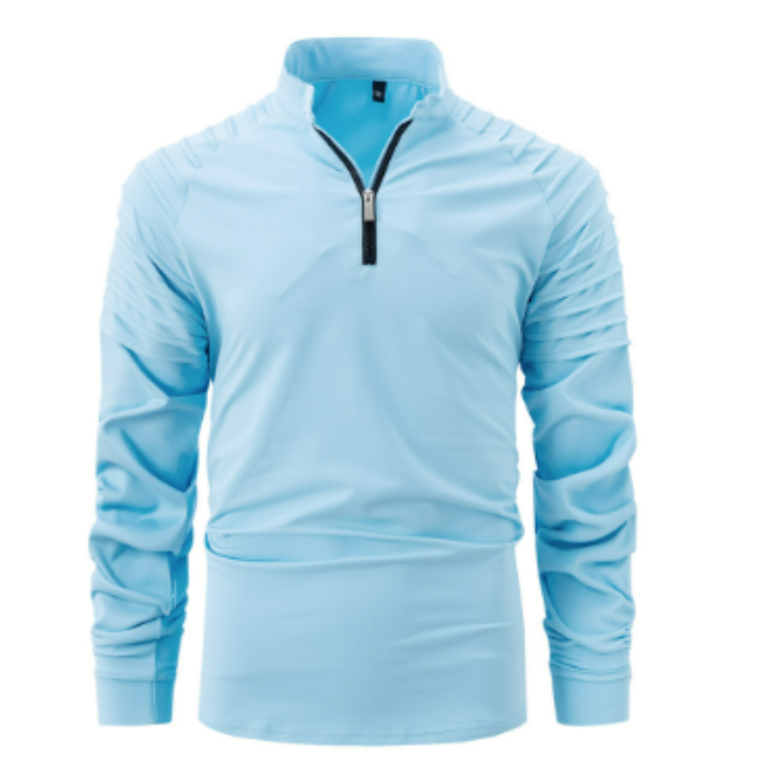 Polo à manches longues pour homme, de couleur bleue avec un col zippé et des détails texturés sur les épaules. Ce modèle élégant et moderne est parfait pour un look dynamique et confortable.