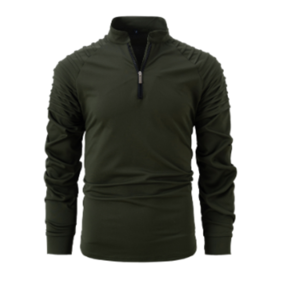 Polo à manches longues pour homme, de couleur vert olive avec un col zippé et des détails texturés sur les épaules. Ce modèle élégant et sportif est parfait pour un look moderne et dynamique.