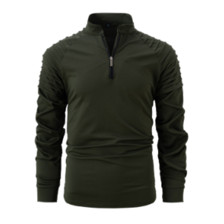 Polo à manches longues pour homme, de couleur vert olive avec un col zippé et des détails texturés sur les épaules. Ce modèle élégant et sportif est parfait pour un look moderne et dynamique.