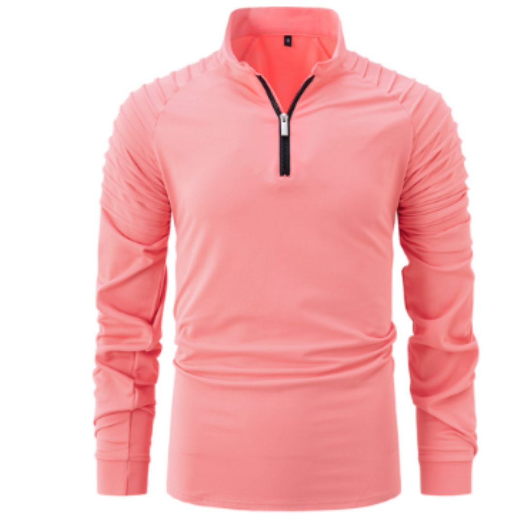 Polo à manches longues pour homme, de couleur rose avec un col zippé et des détails texturés sur les épaules. Ce modèle élégant et dynamique est parfait pour un look moderne et sportif.