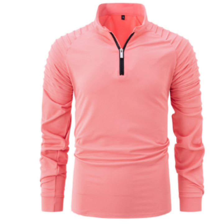 Polo à manches longues pour homme, de couleur rose avec un col zippé et des détails texturés sur les épaules. Ce modèle élégant et dynamique est parfait pour un look moderne et sportif.