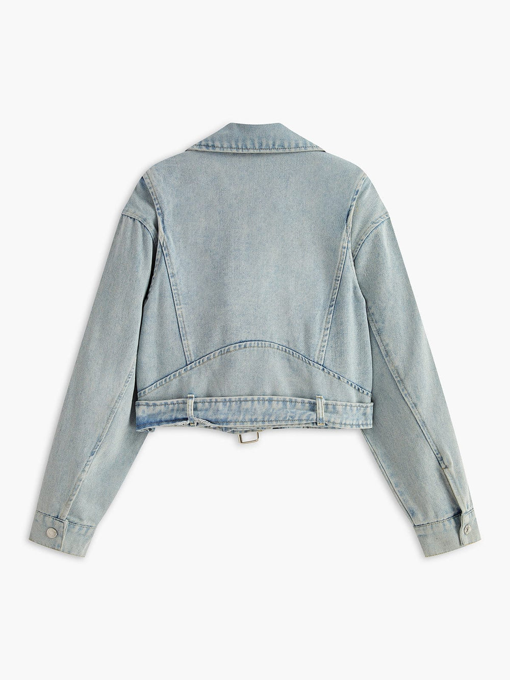 Vue arrière de cette veste courte en denim bleu clair au style motard, avec des détails de coutures et une ceinture ajustée à la taille. Son design moderne et sa coupe confortable en font un choix parfait pour vos looks hivernaux.