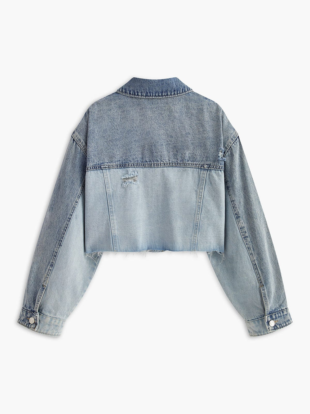Vue arrière de la veste en jean courte pour femme Giselle, avec un dégradé de bleu. Ce modèle moderne et décontracté présente un design épuré avec un ourlet effiloché et des détails subtils. Idéale pour un look casual et tendance, cette veste s’associe parfaitement avec des jeans ou des jupes, ajoutant une touche fraîche et dynamique à votre style.