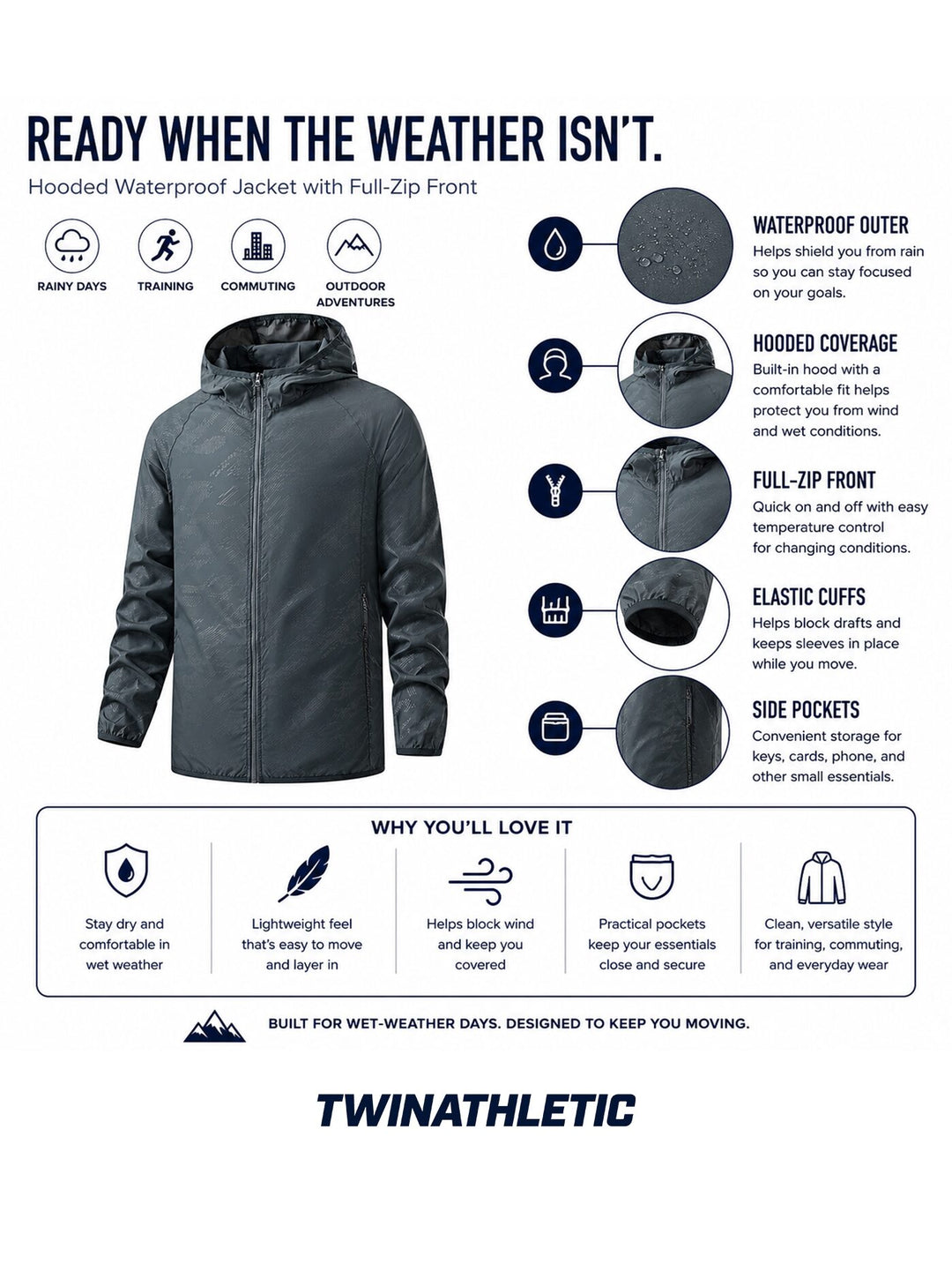Men's Waterproof Hooded Windbreaker with Full-Zip Closure