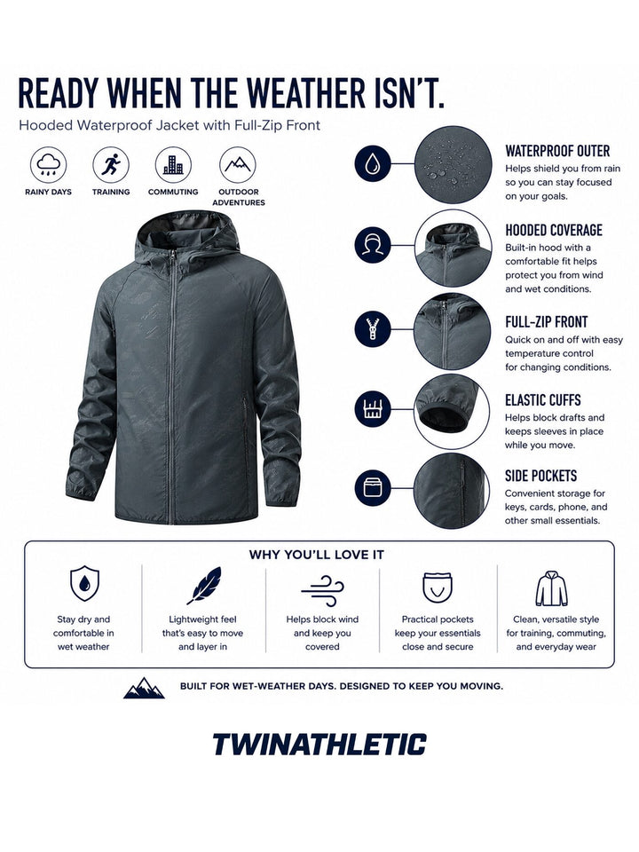 Men's Waterproof Hooded Windbreaker with Full-Zip Closure