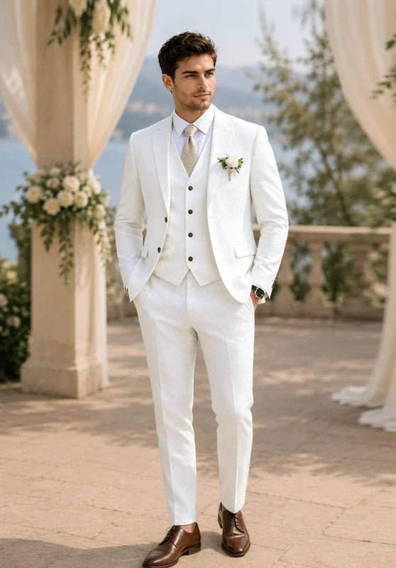 Costume Trois Pièces Homme Coupe Regular en Lin Respirant avec Col Notch et Gilet Cinq Boutons