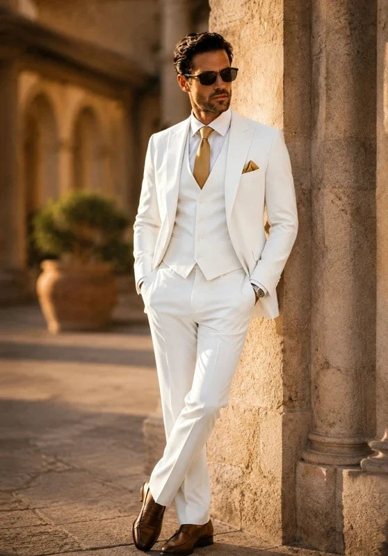 Costume Trois Pièces Homme Coupe Slim avec Col Notch et Gilet Col V