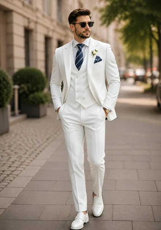 Costume Trois Pièces Homme Coupe Slim Infroissable avec Col Peak et Gilet Croisé
