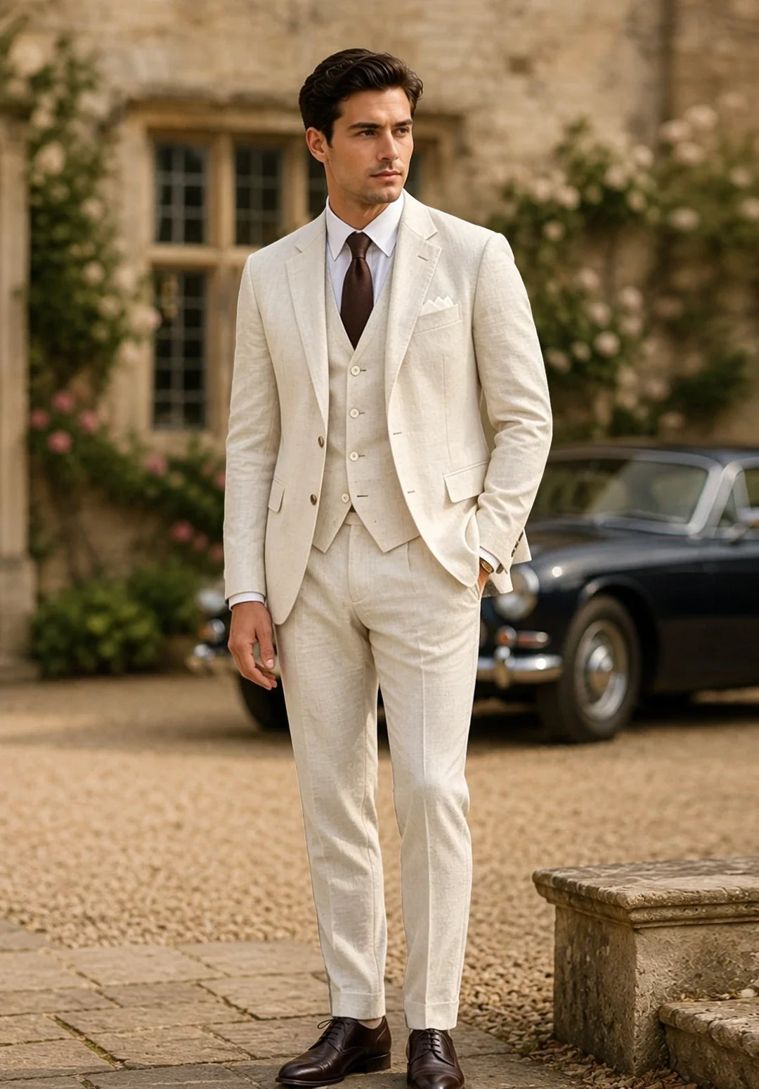 Costume Trois Pièces Homme Coupe Ajustée en Lin avec Col Notch et Gilet Cinq Boutons
