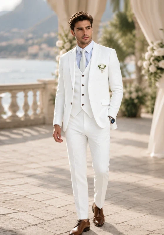 Costume Trois Pièces Homme Coupe Regular en Lin avec Col Notch et Gilet Boutonné