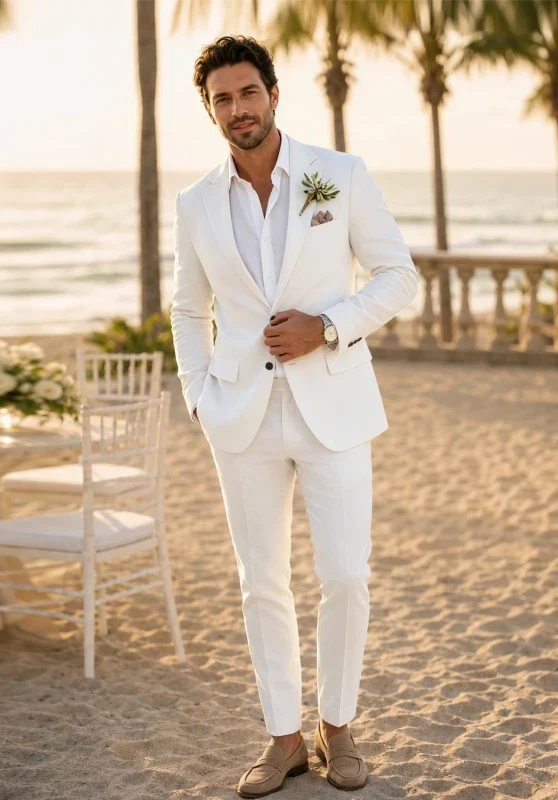 Traje de dos piezas para hombre de corte slim en lino, con solapas de muesca y bolsillos con solapa
