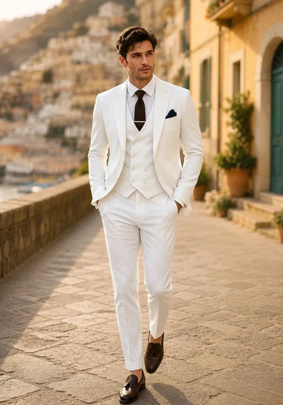 Costume Trois Pièces Homme Coupe Slim avec Col Peak et Gilet Croisé