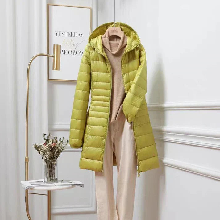 Women's Long Padded Hooded Coat with Zip Closure and Side Pockets