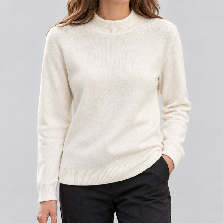 Pull Femme en Laine Mélangée Col Montant Maille Fine Coupe Droite