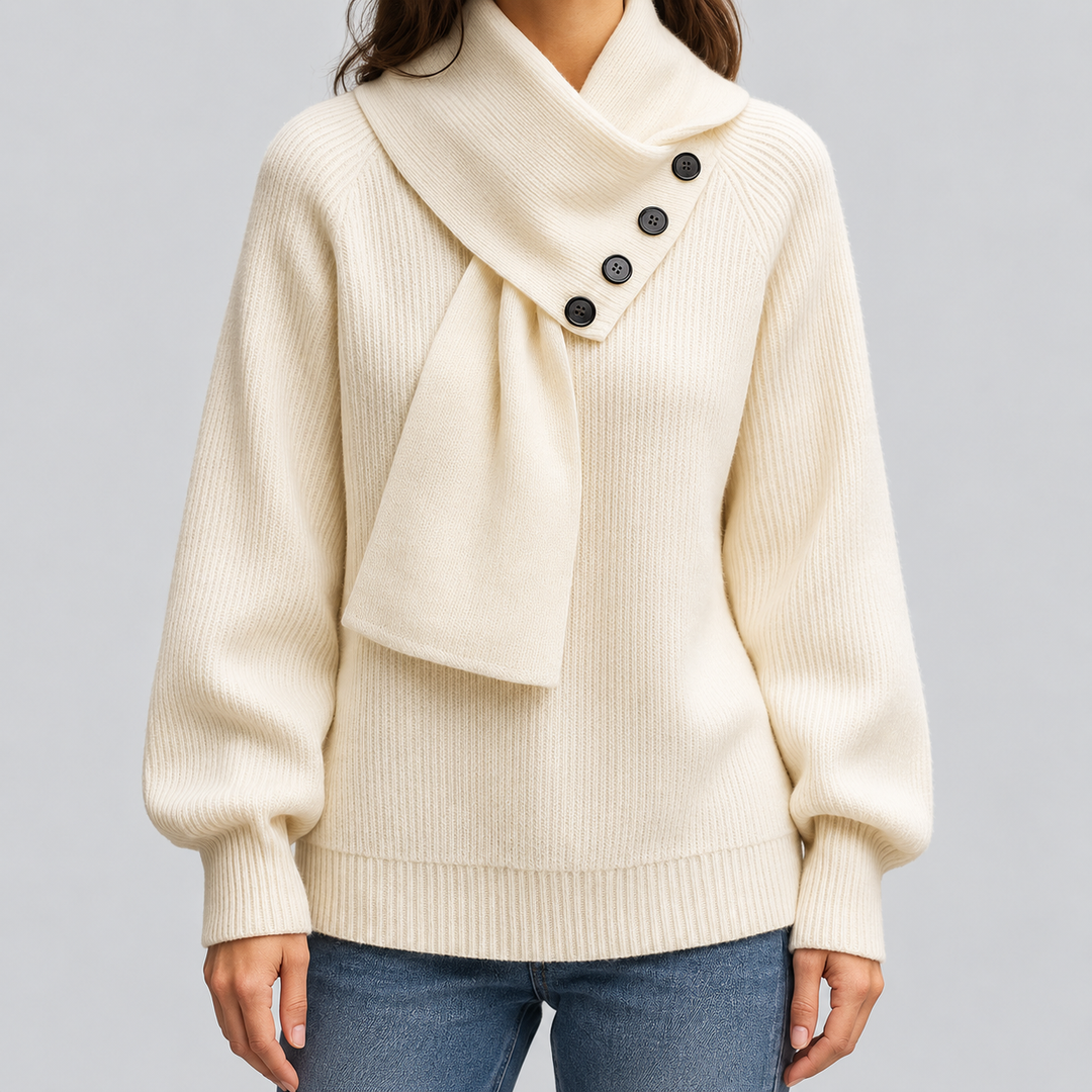 Maglione da donna in maglia a coste con collo a sciarpa e bottoni