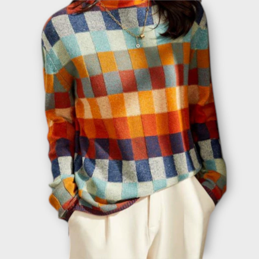 Pull à Col Roulé Patchwork Coloré à Motif Carreaux