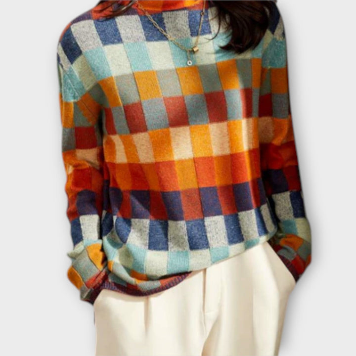 Pull à Col Roulé Patchwork Coloré à Motif Carreaux