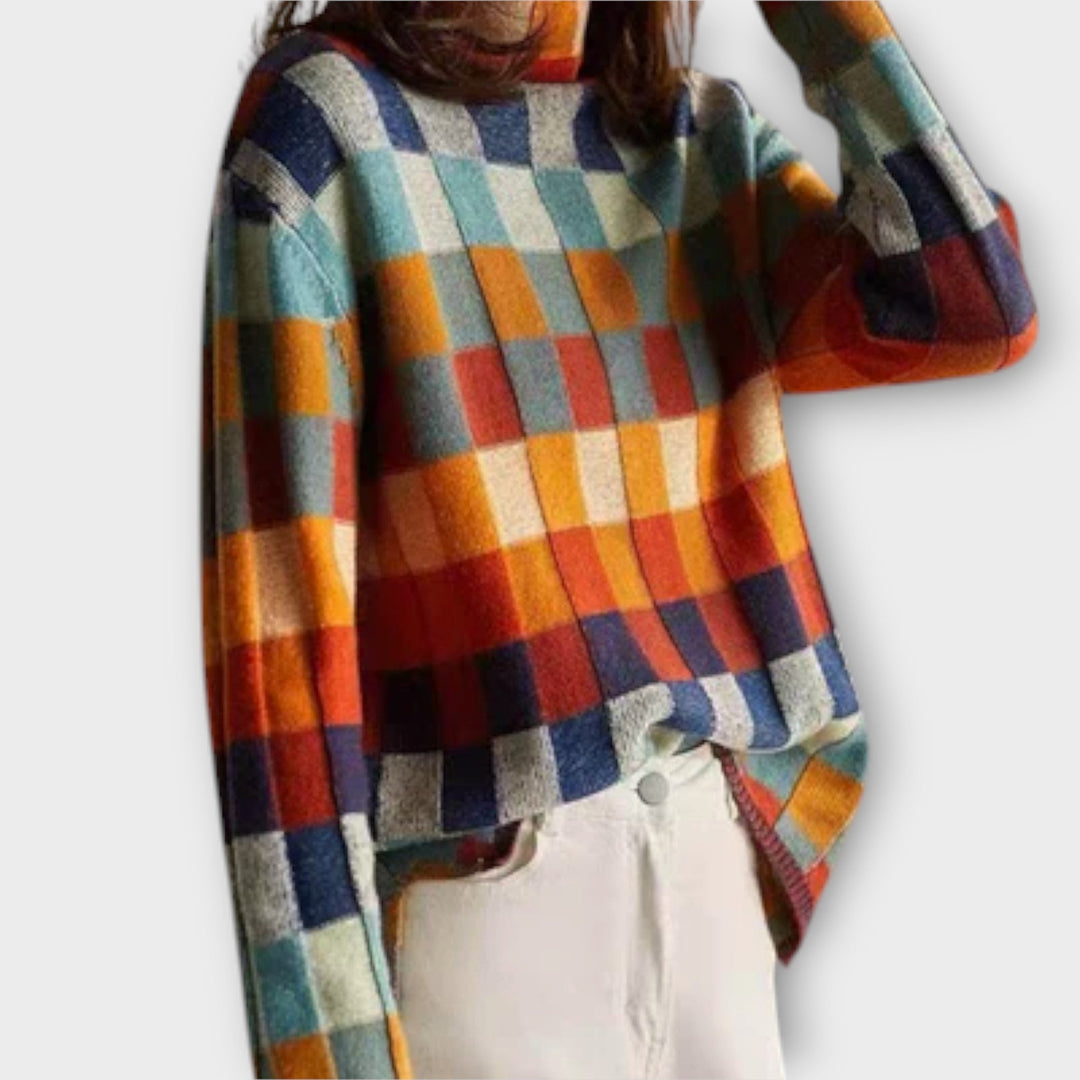 Pull à Col Roulé Patchwork Coloré à Motif Carreaux