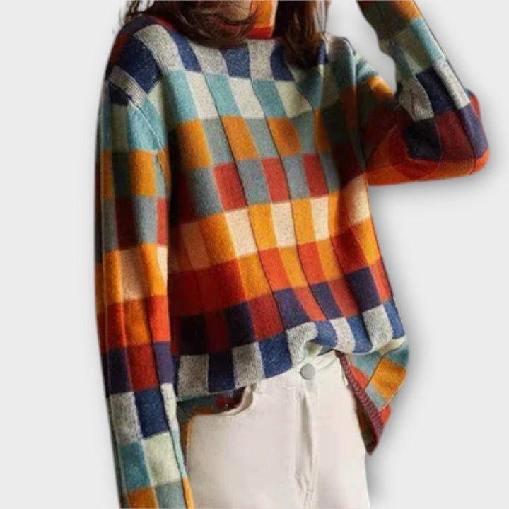 Pull à Col Roulé Patchwork Coloré à Motif Carreaux