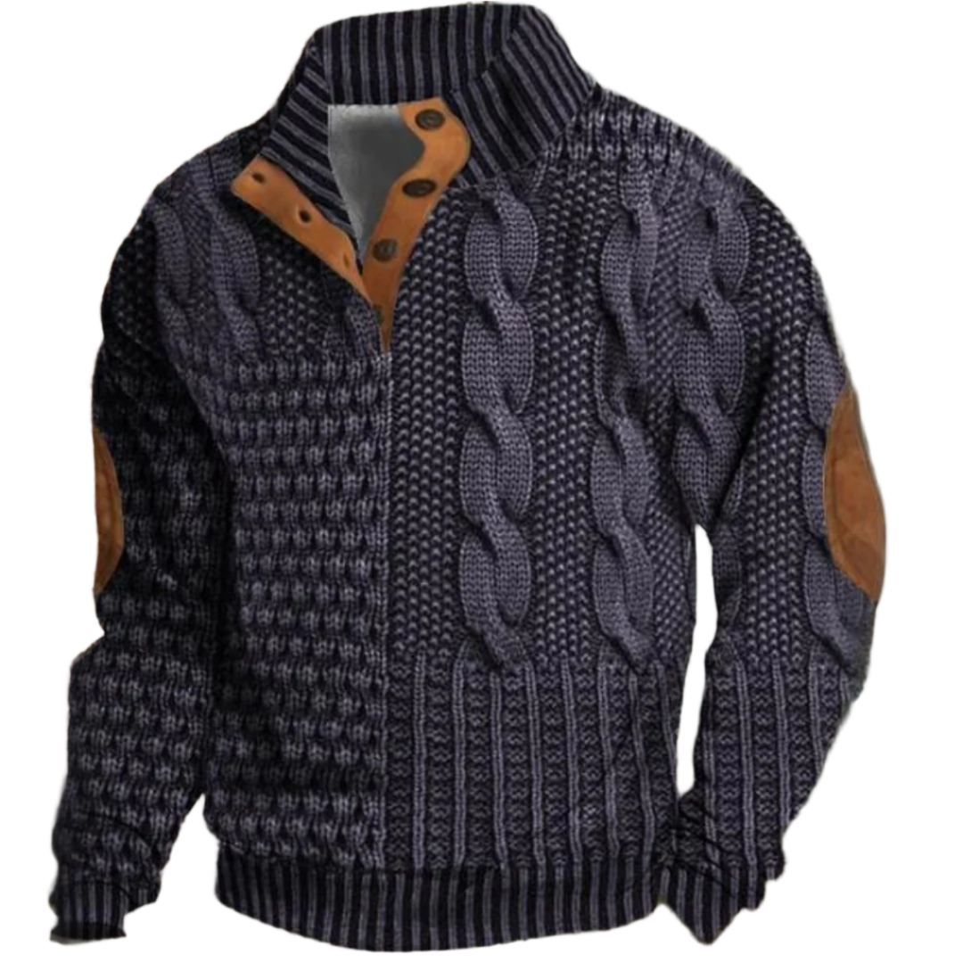 Pull pour homme en bleu foncé avec un motif de tissage épais et des coudières en cuir, offrant un style moderne et robuste. Le col montant rayé et les boutons en cuir ajoutent une touche élégante à ce vêtement chaud, parfait pour l'hiver. Un excellent choix pour combiner confort et style tout en restant bien au chaud pendant la saison froide.
