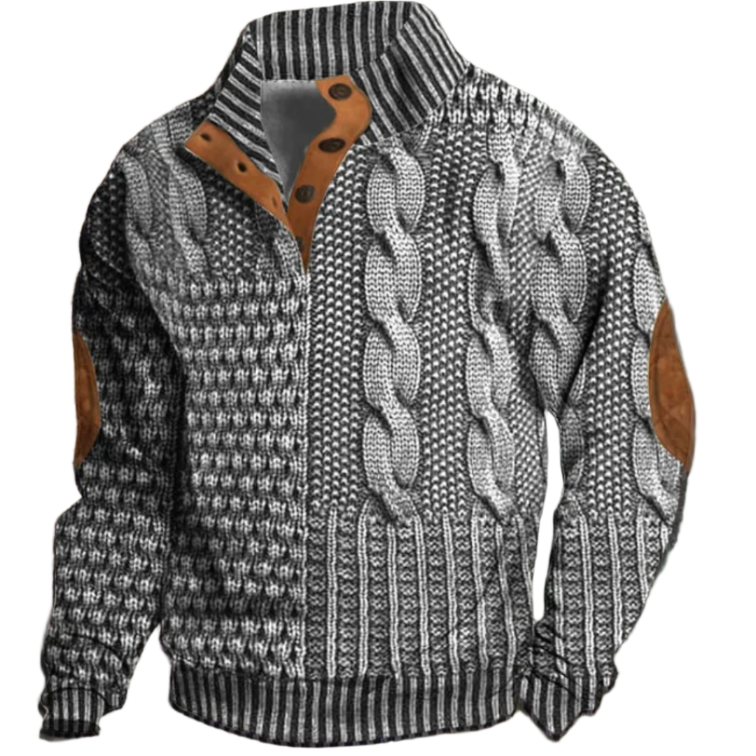 Pull pour homme en noir et blanc avec un motif de tissage épais, agrémenté de coudières en cuir pour un style unique et moderne. Le col montant rayé et les boutons en cuir ajoutent une touche élégante à ce vêtement chaud, idéal pour l'hiver. Parfait pour une tenue confortable et tendance, tout en offrant une protection contre le froid.