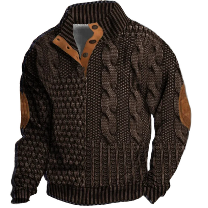 Pull pour homme en laine marron avec un motif de tissage épais et des coudières en cuir pour un style audacieux et moderne. Le col montant rayé et les boutons en cuir ajoutent une touche élégante à ce vêtement chaud, parfait pour l'hiver. Une pièce idéale pour allier confort et élégance tout en restant au chaud pendant la saison froide.