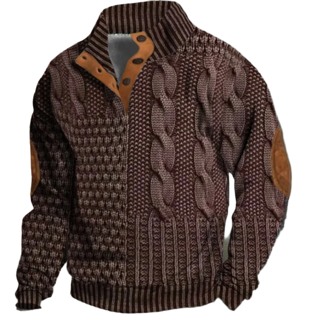 Pull pour homme en laine marron, avec un motif tressé épais et des accents en cuir sur les coudes, offrant un style robuste et élégant. Le col montant rayé et les boutons en cuir apportent une touche de sophistication à ce vêtement chaud, idéal pour l'hiver. Un design parfait pour allier confort et style tout en se protégeant du froid.