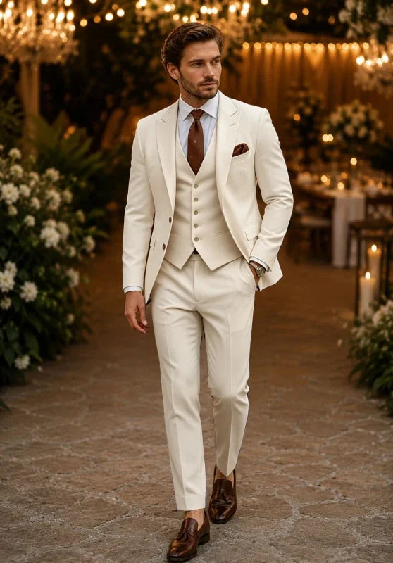 Costume Trois Pièces Homme Coupe Slim avec Col Châle et Gilet Boutonné