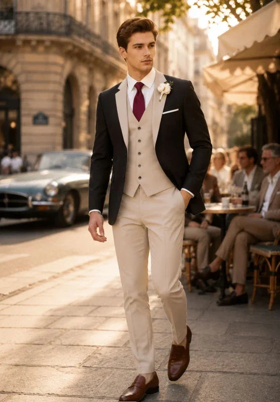 Costume Trois Pièces Homme Cintré avec Gilet et Pantalon Assortis