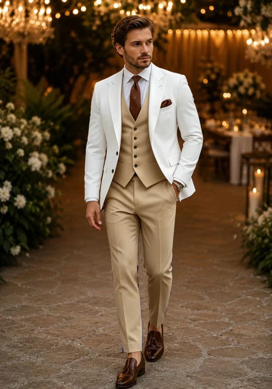 Costume Trois Pièces Homme Coupe Slim avec Col Châle et Gilet Boutonné