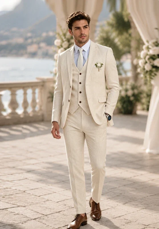 Costume Trois Pièces Homme Coupe Regular en Lin avec Col Notch et Gilet Boutonné